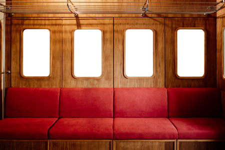 Red chair and blank screen windows in electric train, Blank screen for product display, empty screen...
