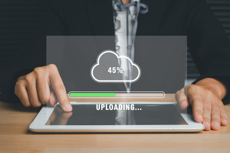 Upload data concept, Person hand using and waiting for cloud uploading on digital tablet, Data...