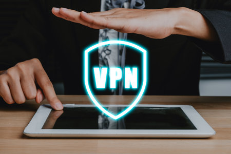 VPN Virtual Private network protocol concept, Woman hand using digital tablet with vpn icon on VR screen.の写真素材