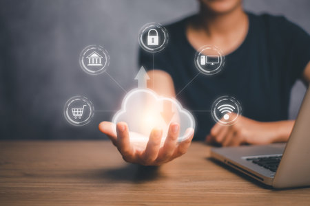 Cloud computing concept, Woman hand holding cloud computing icon on vr screen, Backup Storage Data...