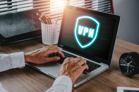 VPN Virtual Private network protocol concept, Man hand typing on keyboard computer with vpn icon on VR screen.の写真素材
