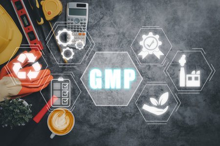 GMP Good Manufacturing Practice Medical Pharmacy Ð¡oncept, Construction desk with VR screen GMP icon background, Industrial Practices Quality Assurance Education.の写真素材