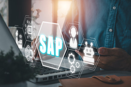 SAP System Software Automation concept, Person hand using smartphone with SAP icon on virtual screen. Business, modern technology, internet and networking conceptの写真素材