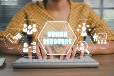 Business woman using computer for selection human resource on a virtual screen interface to company....