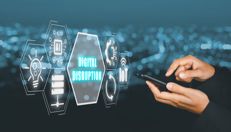 Digital Disruption concept, Business hand using smart phone with Digital Disruption icon on virtual screen,Disruptive business ideas. IOT internet of things, network, smart city and machines.の写真素材