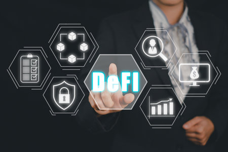 DeFi -Decentralized Finance on dark blue abstract polygonal background. Concept of blockchain, decentralized financial systemの写真素材