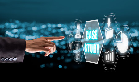 Case Study Education concept, Business hand touching case study icon on virtual with blue bokeh background, Analysis of the situation to find a solution.の写真素材