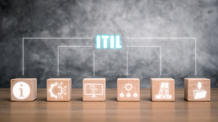 ITIL, Information Technology Infrastructure Library concept, Wooden block on desk with Information Technology Infrastructure Library icon on virtual screen.の写真素材
