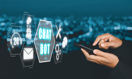 Chatbot assistant conversation, Woman hand using smart phone with chatbot icon on virtual screen, robot application and global connection, AI, Artificial intelligence, innovation and technology.の写真素材