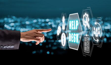 Communication Service Help Desk Concept, Person hand touching Help desk icon on virtual screen.の写真素材