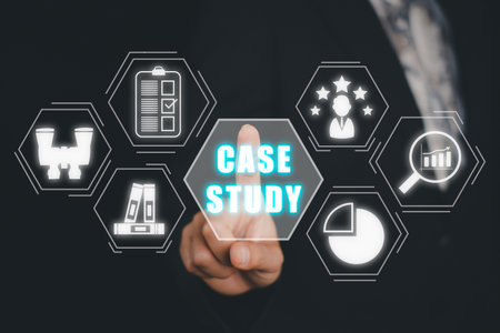 Case Study Education concept, Business person hand touching case study icon on virtual screen.の写真素材