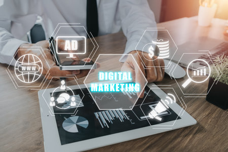 Digital marketing technology concept, Businessman using tablet and smart phone with VR screen digital marketing icon, Internet, Online, Search Engine Optimisation, SEO, Video Advertising.の写真素材