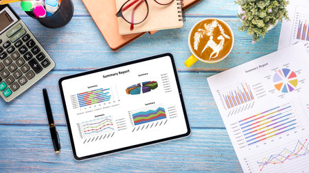 Tablet with charts and reports on office desk workplace. Top view flat layの写真素材
