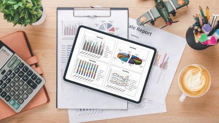 Tablet with charts and reports, calculator, pen, eyeglass and coffee on wooden desk workplace. Top view flat lay with copy spaceの写真素材