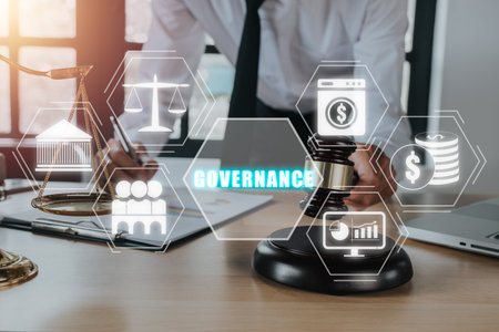 Compliance Rules Law Regulation Policy Business Technology concept, Male judge in a courtroom using the gavel with governance icon on virtual screen.の写真素材
