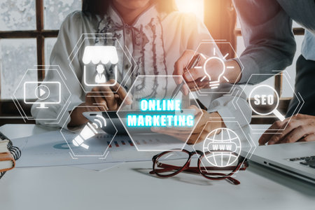 Online marketing concept, Young account managers crew working with new startup project on office desk with online marketing icon on virtual screen, Advertising Branding Strategy.の写真素材