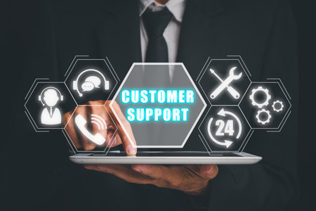 Technical support customer service concept, Businessman  using digital tablet with VR screen support customer icon, Technology internet concept, it support, call center and customer service help.の写真素材