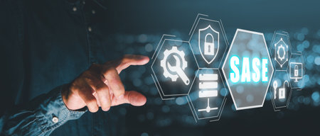 SASE, Secure Access Service Edge concept, Person hand touching Secure Access Service Edge icon on virtual screen background, password, network, framework and support.の写真素材
