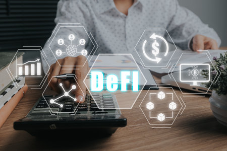 DeFi, Decentralized Finance concept, Business woaman working on calculator and business chart with decentralized Finance icon on virtual screen, Concept of blockchain, decentralized financial systemの写真素材