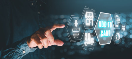 Add to cart internet web store buy online E-Commerce concept, Person hand touching shopping chart icon on VR screen, Online shopping.の写真素材