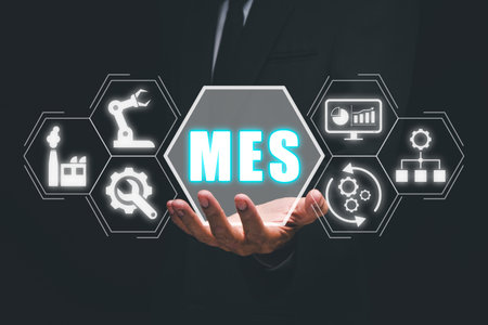 MES - Manufacturing Execution System concept, Businessman hand holding Manufacturing Execution System icon on virtual screen.の写真素材