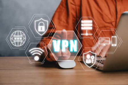 VPN Virtual Private network protocol concept, Man working on laptop computer and hand touching Virtual Private network protocol icon on VR screen.の写真素材