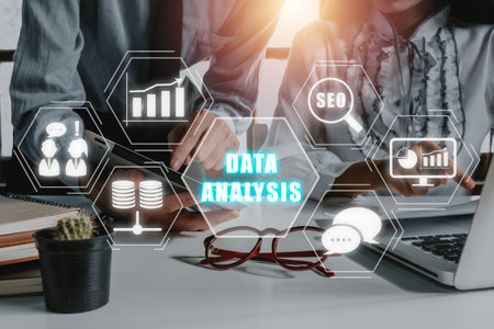 Business finance technology and investment concept, Business team analyzing income charts and graphs with modern laptop computer with holographic data analysis icon, Stock Market Investments Funds and Digital Assets.の写真素材