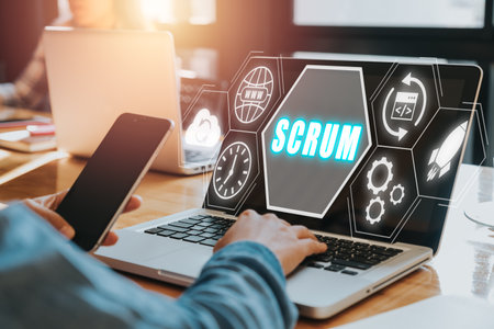 SCRUM, Woman hand using laptop computer with SCRUM icon on VR screen, Agile development methodology.の写真素材