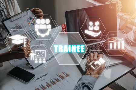 Trainee program and apprenticeship on the Job Training Concept, Business team using laptop computer with trainee icon on virtual screen background, training, mentor, support.の写真素材