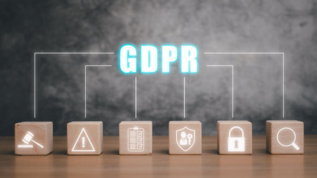 GDPR, General Data Protection Regulation concept, Wooden cube block on wooden desk with general Data Protection Regulation icon on virtual screen, Cyber security and privacy.の写真素材
