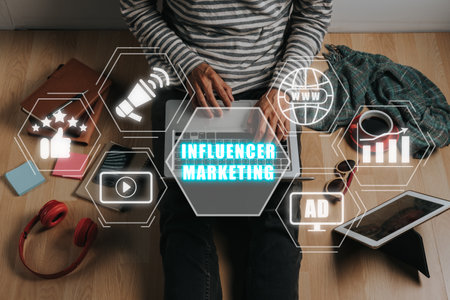 Influencer marketing concept, Person working on laptop computer with influencer marketing icon on virtual screen.の写真素材