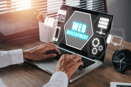 Web development coding programming internet technology business concept, Young man hand typing keyboard with web development icon on vr screen.の写真素材