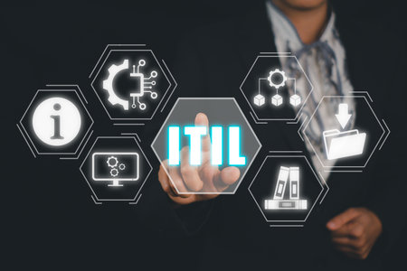 ITIL, Information Technology Infrastructure Library concept, Person hand touching Information Technology Infrastructure Library icon on virtual screen.の写真素材