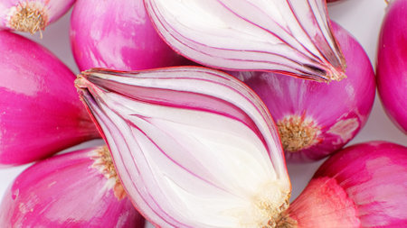 Top view, Group of onion on white desk.の写真素材