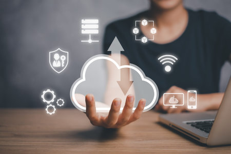 Cloud computing concept, Business person hand holding cloud computing icon on virtual screen, Backup...