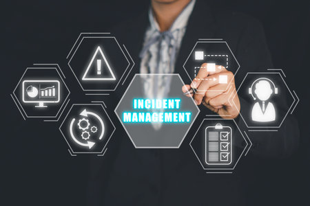 Incident Management process Business Technology concept, Business person hand touching incident management icon on virtual screen.の写真素材