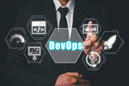 DevOps concept, Person hand touching DevOps icon on VR screen, Methodology development operations agil programming technology.concept.の写真素材