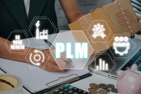 PLM - In industry, product lifecycle management concept, Person hand working on desk with PLM icon on virtual screen, program development, Technology, Internet and network.の写真素材