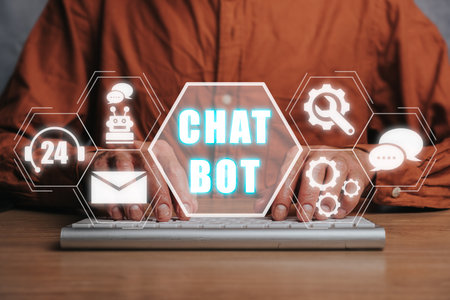 Chatbot assistant conversation, Man hand typing on keyboard with chatbot icon on virtual screen, robot application and global connection, AI, Artificial intelligence, innovation and technology.の写真素材