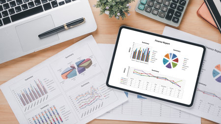 Tablet with charts and reports on office desk workplace. Top view flat lay
