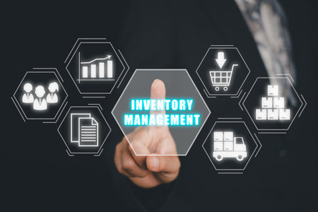 Inventory management concept, Business woman hand touching inventory management icon on virtual screen.の写真素材