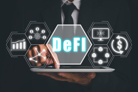 DeFi, Decentralized Finance concept, Businessman working on tablet with decentralized Finance icon on virtual screen, Concept of blockchain, decentralized financial systemの写真素材