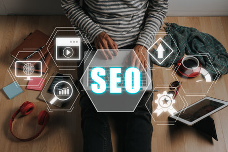SEO Concept, Search Engine Optimization, Man using laptop computer with VR screen seo icon, concept...