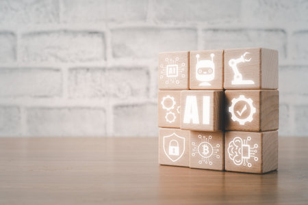 Artificial Intelligence AI, Wooden cube block with artificial intelligence (AI) icon with copy space, Internet of Things IoT concept.の写真素材