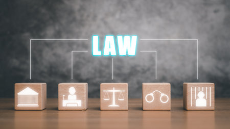 Wooden cube block with law icon on virtual screen , terrorism, crime, judgment, verdict, justice and law concept.の写真素材