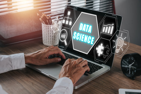 Data science and deep learning. Artificial intelligence, Analysis, Business person using laptop on desk with Data science icon on virtual screen.の写真素材