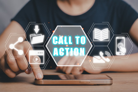 Call to action concept, Person hand touching on smart phone  with call to action icon on virtual screen.の写真素材