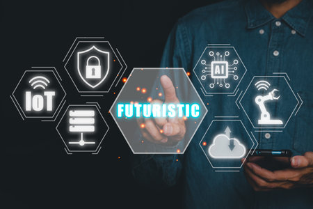 Futuristic concept, Person working on smart phonet with futuristic icon on virtual screen, IOT, cyber security, big data, Cloud computing, Ai, and automation.の写真素材
