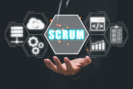 SCRUM concept, Business person hand holding SCRUM icon on VR screen, Agile development methodology.の写真素材