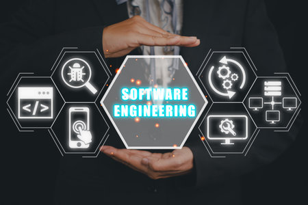Software engineering concept, Businesswoman hand holding software engineering icon on virtual screen.の写真素材